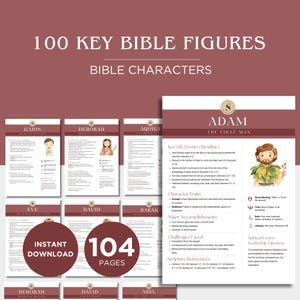 May include: A digital download of 100 Bible character profiles. Each profile includes illustrations, key life events, character traits, and scripture references. The cover features the title, "100 Key Bible Figures," and the text "Bible Characters."