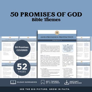 May include: A digital download with 50 Bible themes based on God's promises. The design features a blue background with the text "50 Promises of God Bible Themes." The product covers 52 pages with clear summaries and key themes.