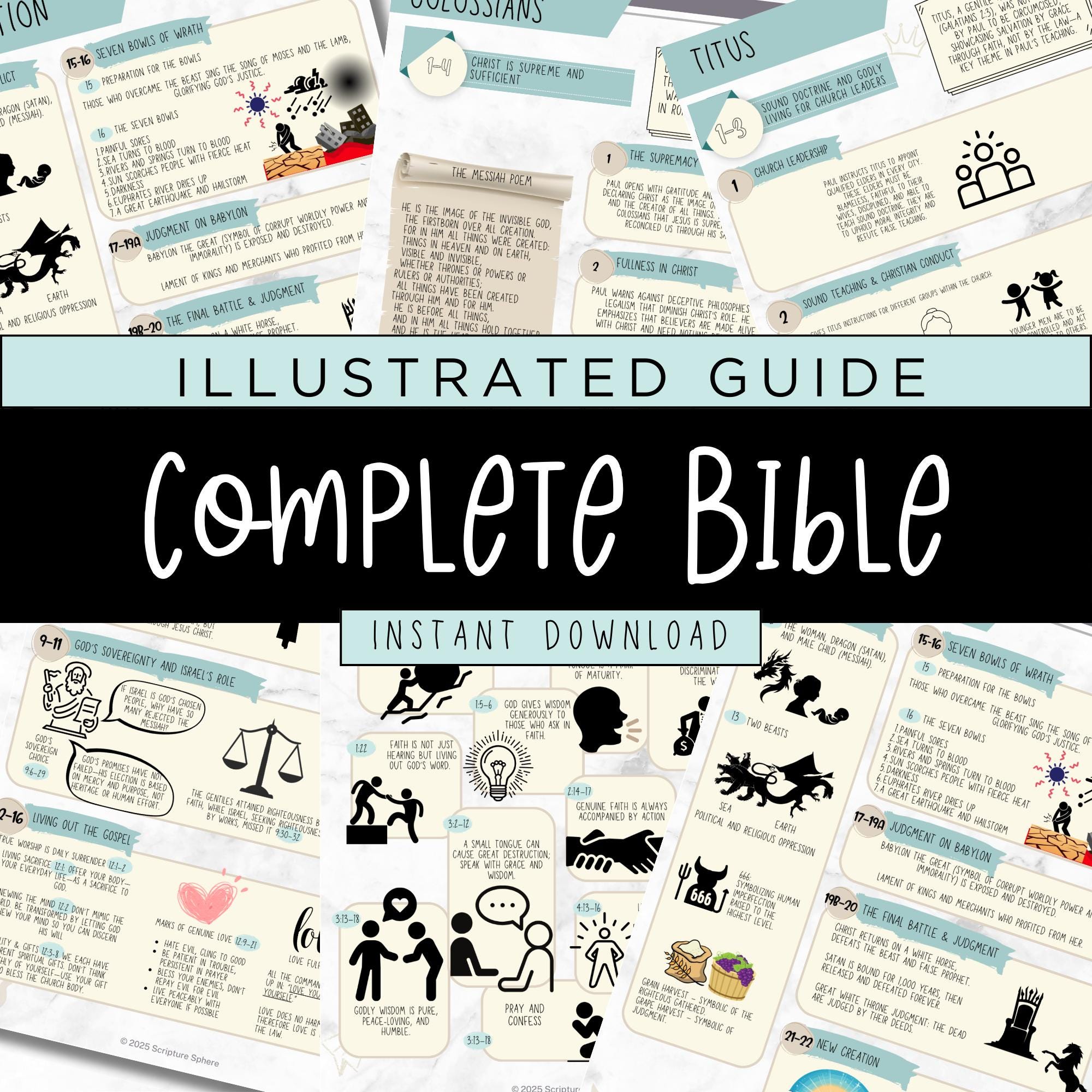 Bible Overview Cheat Sheet PDF – Illustrated Study Guide for 66 Books of the Bible | Printable Bible Summary | Christian Learning Tool