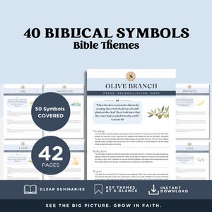 May include: A digital download product with the title "40 Biblical Symbols Bible Themes." The image features several pages with text and illustrations, including an "Olive Branch" theme. The product covers 50 symbols across 42 pages, with clear summaries and key themes.