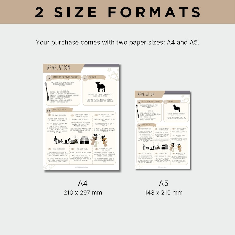 May include: Two paper prints labeled A4 and A5, with the text "REVELATION" at the top. The A4 print measures 210 x 297 mm, and the A5 print measures 148 x 210 mm. The prints have a beige background with black text and illustrations.
