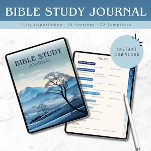 May include: Two digital Bible Study Journals are shown, one open to an index page. The cover of the first journal features a landscape of blue mountains and trees. The second journal shows a list of study methods and trackers. Text includes "Bible Study Journal" and "Instant Download."