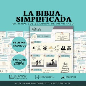 May include: A teal and white infographic titled "LA BIBLIA, SIMPLIFICADA" (The Bible, Simplified) with the text "ENTIENDE LOS 66 LIBROS DE UN VISTAZO" (Understand the 66 books at a glance). It includes illustrations and text about Genesis and other books.