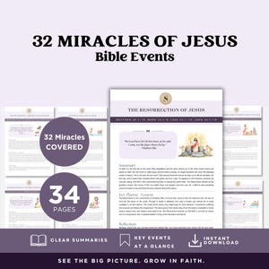 May include: A digital download product titled "32 Miracles of Jesus Bible Events." The design includes summaries, key events, and instant download options. The product features illustrations and text, focusing on biblical events and the resurrection of Jesus.