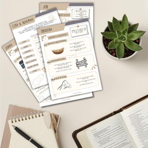 May include: A collection of study guides with handwritten notes and illustrations, including the books of Job, Ezra & Nehemiah, Obadiah, and Jonah. A succulent plant in a white pot and an open book are also visible.