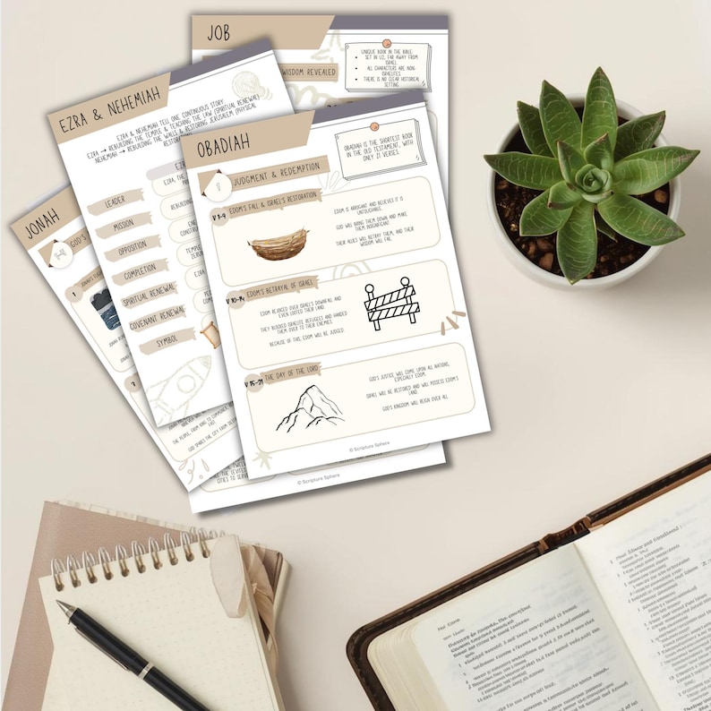 May include: A collection of study guides with handwritten notes and illustrations, including the books of Job, Ezra & Nehemiah, Obadiah, and Jonah. A succulent plant in a white pot and an open book are also visible.
