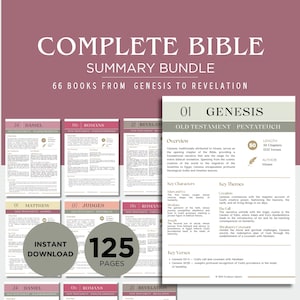 Könnte beinhalten: Ein komplettes Bibel-Zusammenfassungs-Bundle mit 66 Büchern von Genesis bis Offenbarung. Das Bild zeigt digitale Seiten mit Zusammenfassungen, darunter Genesis, Matthäus und Daniel. Das Bundle umfasst 125 Seiten und ist sofort zum Download verfügbar.