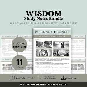 Könnte beinhalten: Wisdom Study Notes Bundle mit Hiob, Psalmen, Sprichwörtern, Prediger und Hohelied. Das Bundle umfasst 11 Seiten zu 5 Büchern mit klaren Zusammenfassungen und Schlüsselthemen. Das Bild zeigt einen detaillierten Studienführer mit dem Text "Hoheslied".