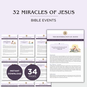 Könnte beinhalten: Eine Sammlung von 34-seitigen Bibelstudienführern mit dem Titel "32 Wunder Jesu". Die Führer enthalten Text und Illustrationen, mit Schwerpunkt auf biblischen Ereignissen. Ein Führer trägt den Titel "Die Auferstehung Jesu".