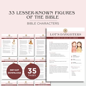 以下が含まれることがあります： 33人のあまり知られていない聖書の人物を紹介するデジタルダウンロード。キャラクタープロフィール、主要な出来事、聖書からの引用が含まれています。表紙には「33人のあまり知られていない聖書の人物」と「聖書の登場人物」と書かれています。