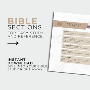 May include: A printable Bible study guide with the text "BIBLE SECTIONS FOR EASY STUDY AND REFERENCE." The guide lists the Old Testament sections, including Pentateuch, Historical Books, Poetry, Wisdom Books, and Prophets. The text "INSTANT DOWNLOAD" is also visible.