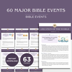 Könnte beinhalten: Ein digitaler Download mit 60 wichtigen Bibelereignissen. Das Design verwendet ein lila und weißes Farbschema mit dem Text "60 MAJOR BIBLE EVENTS" und "BIBLE EVENTS". Das Produkt umfasst 63 Seiten und ist als Sofort-Download verfügbar.