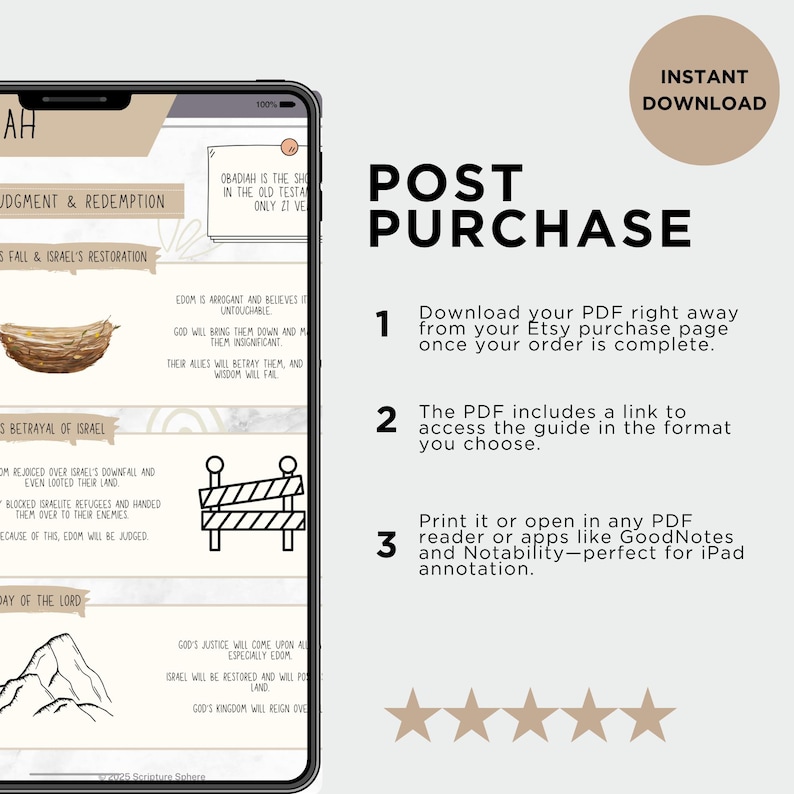 May include: A digital download guide with the title "Post Purchase" and instructions for downloading a PDF from Etsy. The guide includes text and illustrations on a smartphone screen, with a beige background and a brown circle that says "Instant Download".