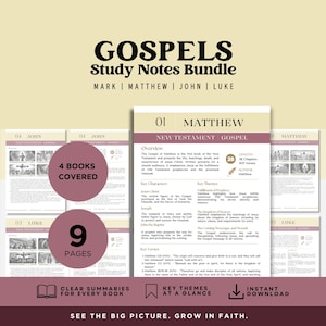 May include: A bundle of study notes for the Gospels of Mark, Matthew, John, and Luke. The design features a cream background with the title "GOSPELS Study Notes Bundle" in black. The bundle includes 4 books covered, 9 pages, and instant download.