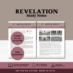 May include: Study notes for Revelation, featuring the text "REVELATION Study Notes." The notes include clear summaries, key themes, and are available in A4, A5, and US Letter sizes. Includes a free bookmark and instant download.