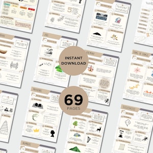 May include: A collection of 69-page printable Bible study guides. Each page features illustrations and text, with the words "Instant Download" and "69 Pages" prominently displayed. The guides cover various books of the Bible.