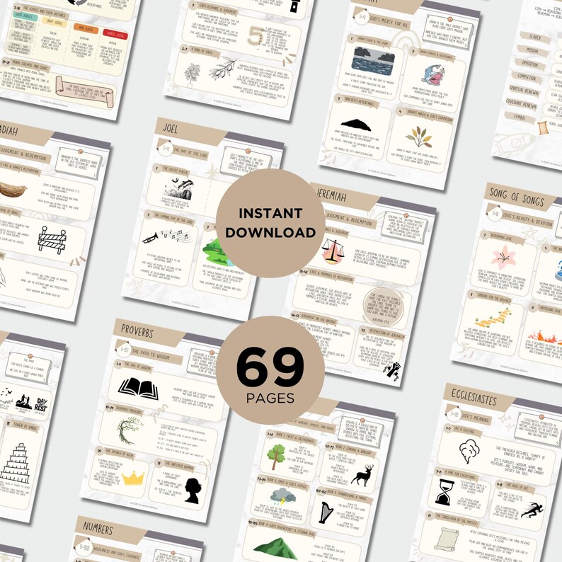 May include: A collection of 69-page printable Bible study guides. Each page features illustrations and text, with the words "Instant Download" and "69 Pages" prominently displayed. The guides cover various books of the Bible.