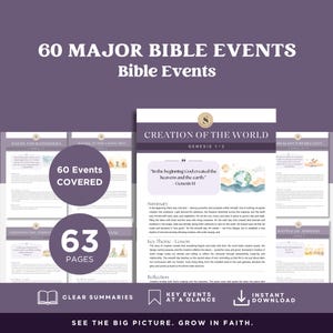 May include: A purple and white graphic with the text "60 MAJOR BIBLE EVENTS" and "Bible Events." The image includes pages with summaries of Bible events, including "Creation of the World" and "Battle of Jericho."