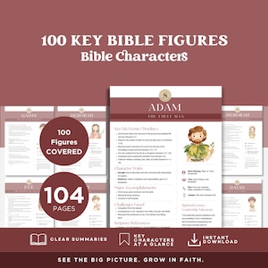 Puede incluir: Una descarga digital con 100 figuras bíblicas clave, incluyendo a Adán, Eva y Débora. El diseño incluye resúmenes claros, personajes clave de un vistazo y opciones de descarga instantánea. El producto tiene 104 páginas.