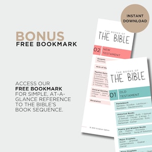 May include: Two printable Bible study guides, labeled "Old Testament" and "New Testament," with a bonus free bookmark offer. The guides feature a list of books and are designed for easy reference. The image also includes the text "Instant Download."