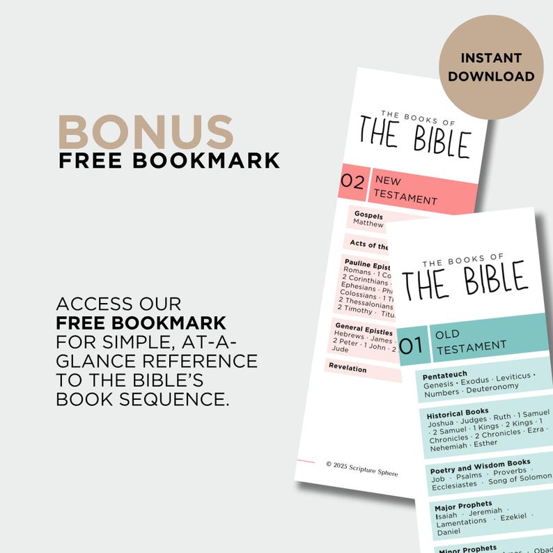 May include: Two printable Bible study guides, labeled "Old Testament" and "New Testament," with a bonus free bookmark offer. The guides feature a list of books and are designed for easy reference. The image also includes the text "Instant Download."
