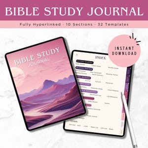 Puede incluir: Se muestran dos diarios digitales de estudio bíblico, uno abierto al índice. La portada del primer diario dice "Bible Study Journal" sobre una ilustración de paisaje. El segundo diario muestra el índice con secciones como "Reading Tracker" y "Study Methods".