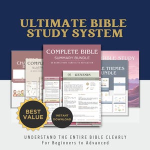 May include: A selection of Bible study resources, including a "Complete Bible Summary Bundle" and other guides. The image displays the text "Ultimate Bible Study System" and "Understand the Entire Bible Clearly For Beginners to Advanced."