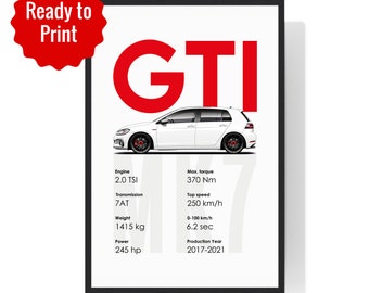 Golf MK7.5 GTI auto poster kunst aan de muur afdrukken | Digitale download | Autoposter | Wanddecoratie | Klaar om te printen