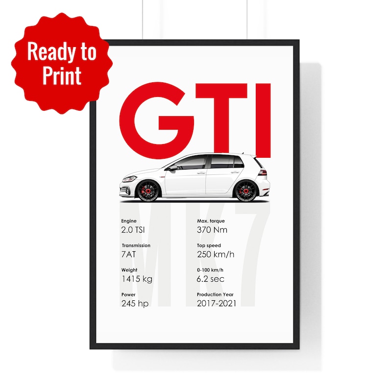 May include: A white Volkswagen Golf GTI with red accents. The car is shown in profile view. The image includes text with the car's specifications, including engine size, transmission, horsepower, torque, top speed, and production years.