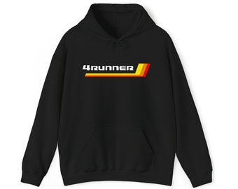 May include: Black hooded sweatshirt with a white "4RUNNER" logo and a red, yellow, and orange stripe design.