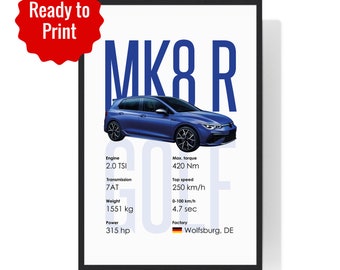 Golf MK8 R Car Poster Wall Art Print | Digital Download | Car Poster | Wall Decor | Ready to Print