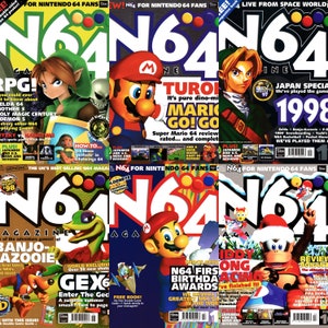 May include: A collage of six different magazine covers for Nintendo 64 video game magazine, N64. The covers feature various popular video game characters, including Mario, Link, and Banjo-Kazooie. The magazine covers are from different issues and years, with titles like "TURBO!" and "IDDY ONG".
