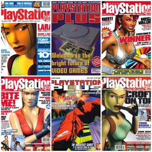 Puede incluir: Un collage de seis portadas de revistas para la revista PlayStation Plus. Las portadas presentan varios personajes de videojuegos, entre ellos Lara Croft, Tony Hawk y Mega Man. Las portadas son todas de colores brillantes y presentan texto en negrita.