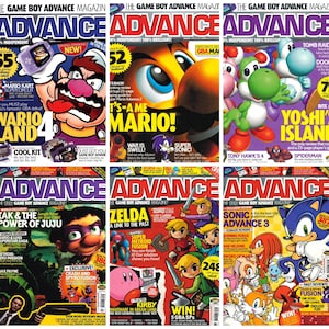 Op de afbeelding: Een verzameling van zes Advance Game Boy Advance tijdschriften met kleurrijke covers met diverse videogamepersonages zoals Wario, Mario, Yoshi, Link, Kirby en Sonic, voorzien van opvallende koppen en speltitels.