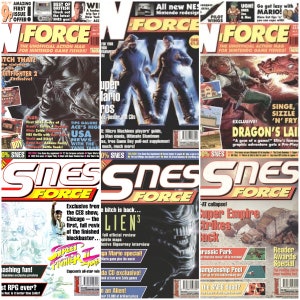 Puede incluir: Un collage de cuatro portadas de revistas para SNES Force, una revista para los fanáticos de los juegos de Nintendo. Las portadas presentan varios personajes y títulos de videojuegos, incluidos Street Fighter II, Alien 3, Super Mario Bros. y Dragon's Lair.