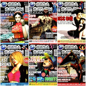 Könnte beinhalten: Vier verschiedene Cover des Sega Saturn Magazins mit verschiedenen Videospielen, darunter Virtua Fighter 2, Mortal Kombat II, Panzer Dragoon Saga und Nights into Dreams. Die Cover sind bunt und zeigen Charaktere aus den Spielen.