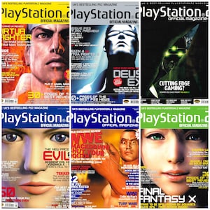 以下が含まれることがあります： プレイステーション誌の雑誌表紙6枚のコラージュ。表紙には、バーチャファイター、デウスエクス、バイオハザード、WWEスマックダウン、ファイナルファンタジーX、メタルギアソリッドなど、さまざまなビデオゲームが掲載されています。表紙はすべて緑、青、赤です。