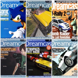 Puede incluir: Colección de seis portadas de la revista Dreamcast. Las revistas presentan reseñas y avances de juegos, con títulos como Sonic Adventure 2, Crazy Taxi y Tomb Raider. Cada portada muestra gráficos vibrantes de juegos y el logotipo de la revista.