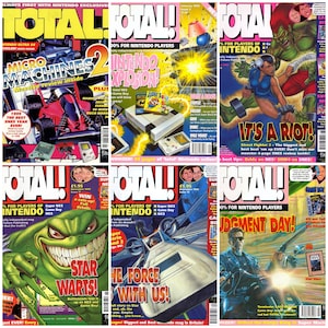 Op de afbeelding: Een collage van zes tijdschriftcovers voor het videogametijdschrift "Total!" met verschillende Nintendo-games, waaronder Micro Machines 2, Super Mario World, Street Fighter 2, Star Wars en Terminator 2: Judgment Day. De covers zijn uit 1995 en 1993.