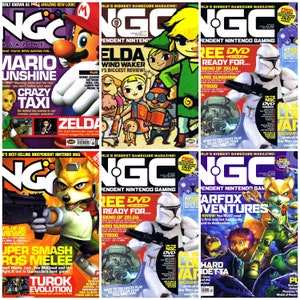 以下が含まれることがあります： 任天堂ゲームキューブのゲーム雑誌NGCの6つの雑誌表紙のコラージュ。マリオサンシャイン、ゼルダの伝説 風のタクト、スターウォーズ、スターフォックスなどの人気ゲームのキャラクターが登場。表紙は、雑誌が任天堂ゲームキューブゲームに焦点を当てていることを強調している。