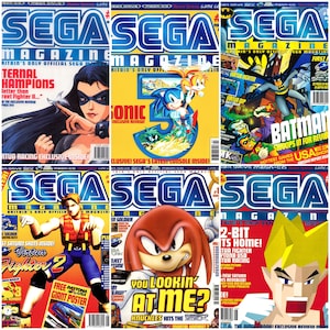 Peut inclure: Une collection de six numéros du magazine Sega présentant divers personnages de jeux vidéo, notamment Sonic the Hedgehog, Knuckles, Batman et Virtua Fighter. Les magazines datent des années 1990 et présentent des couvertures colorées avec un texte en gras.