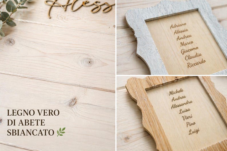 May include: Wooden table setting with two framed name cards. The frames are light gray and natural wood, with names engraved on the wooden inserts. The text "Alessia" is visible. The image also includes the text "LEGNO VERO DI ABETE SBIANCATO".