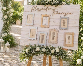 Personalized wooden wedding tableau 90 x 60 cm – Shabby chic wedding tableau with guest name frames – Wooden wedding seating chart