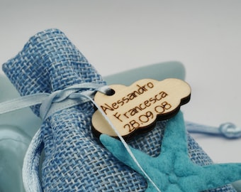 Cloud labels for wedding favors, wedding anniversary, personalized confetti with the names of the spouses, souvenir candy bar