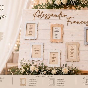 May include: A wooden wedding seating chart with the names "Alessandro" and "Francesca" in script. The chart features six framed cards with guest names, and is decorated with flowers. The dimensions of the chart are 35.4 inches wide and 23.6 inches high.