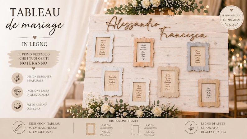 May include: A wooden wedding seating chart with the names "Alessandro" and "Francesca" in script. The chart features six framed cards with guest names, and is decorated with flowers. The dimensions of the chart are 35.4 inches wide and 23.6 inches high.