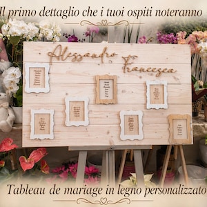Personalized wooden wedding tableau 90 x 60 cm – Shabby chic wedding tableau with guest name frames – Wooden wedding seating chart image 3