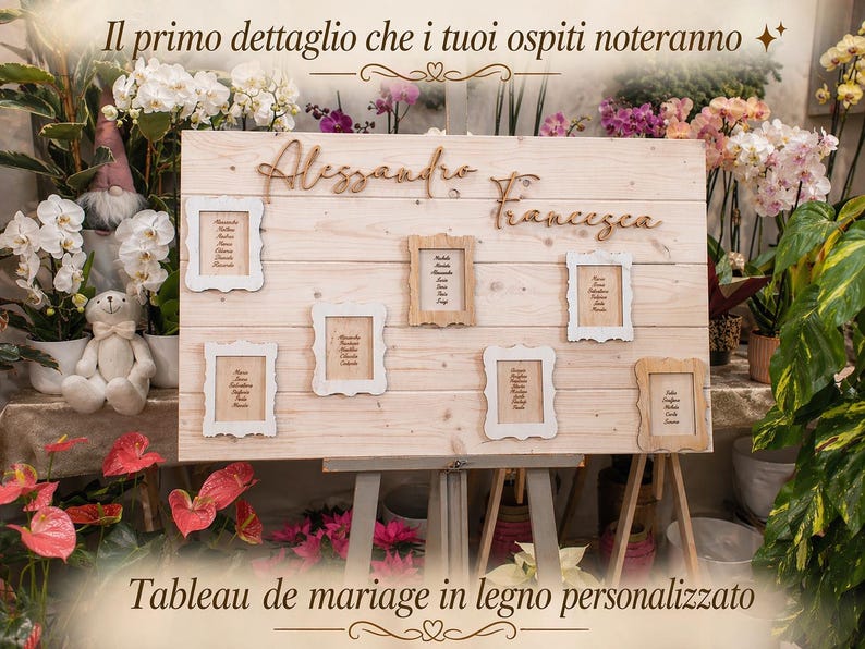 Personalized wooden wedding tableau 90 x 60 cm – Shabby chic wedding tableau with guest name frames – Wooden wedding seating chart image 3
