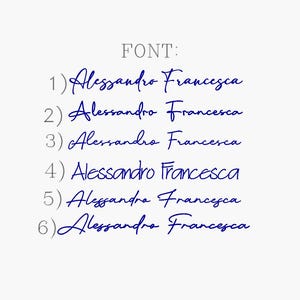 May include: A white background with the word "FONT:" in gray at the top. Below, six examples of the name "Alessandro Francesca" are written in a dark blue cursive script, each numbered from 1 to 6.