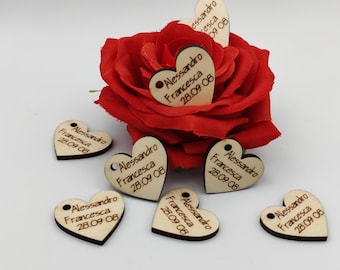 Heart labels for wedding favors, anniversary favors, personalized confetti with the names of the spouses, souvenir candy bar
